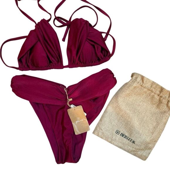 NWT BERLOOK burgundy ruched bikini top Size Small - Picture 5 of 7